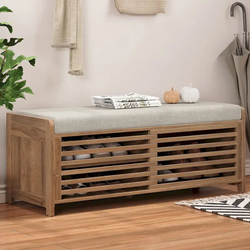 Banco de almacenamiento con puertas tipo persiana y revestimiento de acacia para sala de estar y recibidor