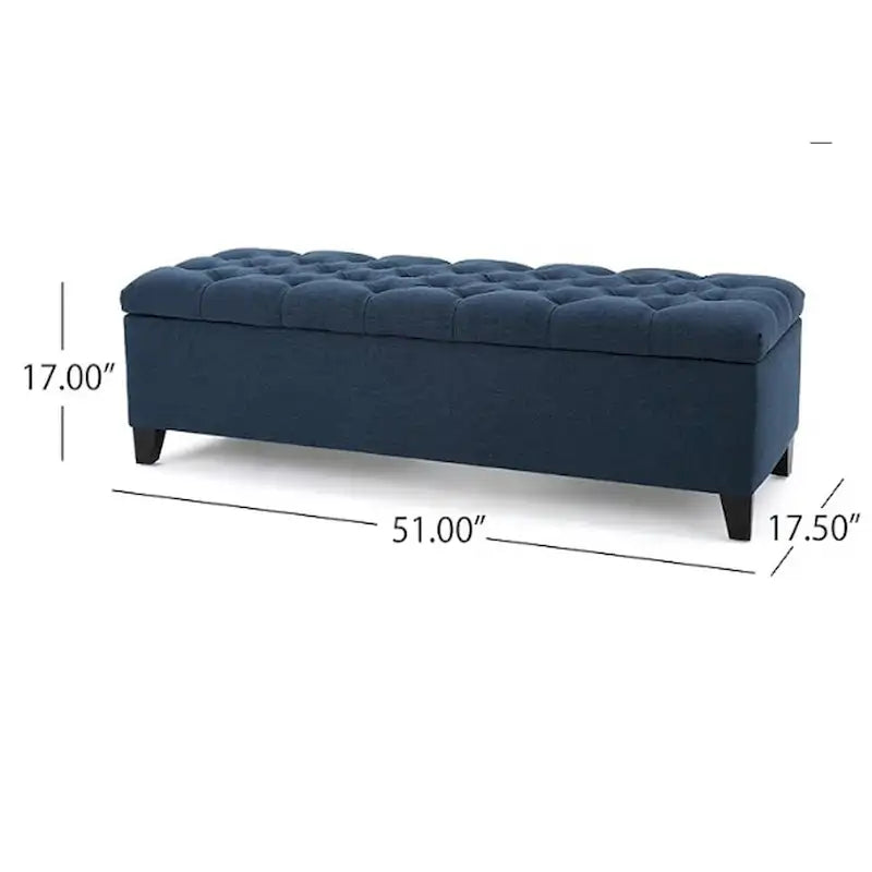 Banco de almacenamiento de 51 pulgadas, tapizado capitoné de terciopelo azul, madera maciza