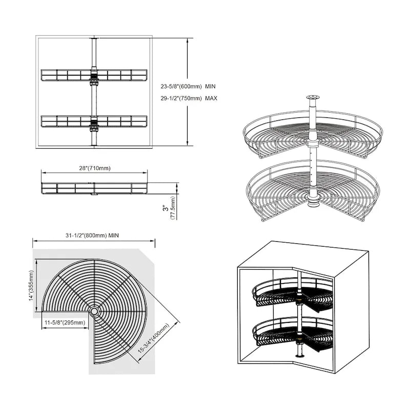 Bandeja giratoria de 28" de diámetro - Doble estante de acero inoxidable con giro de 270°