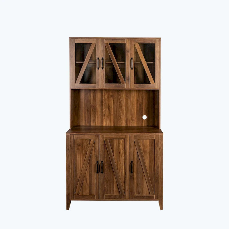 Armario despensa de cocina con puertas de vidrio, cajones y estantes abiertos