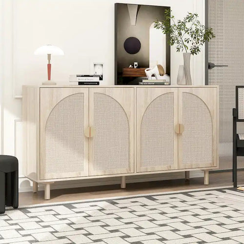 Mobile contenitore a 4 ante in rattan con ripiani regolabili