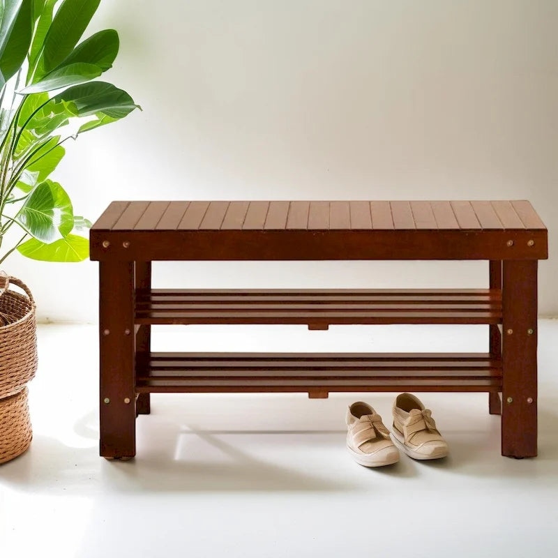 Banco para zapatos de madera maciza, acabado cerezo