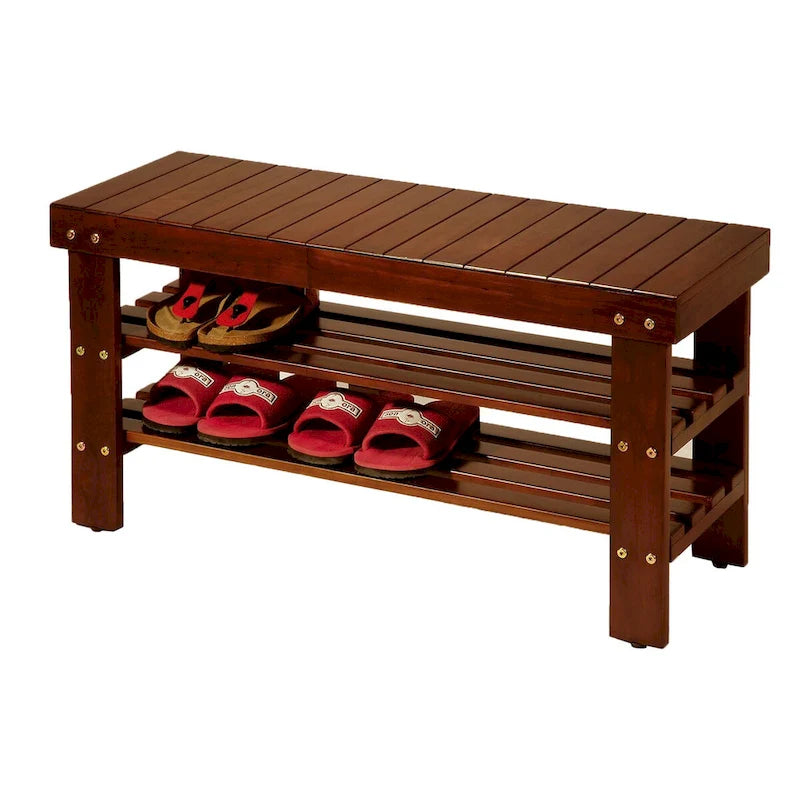 Banco para zapatos de madera maciza, acabado cerezo