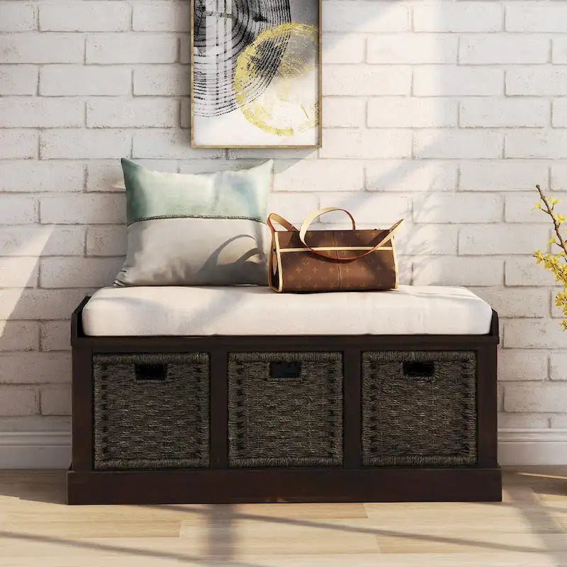 Panca da ingresso con 3 cestini in rattan rimovibili
