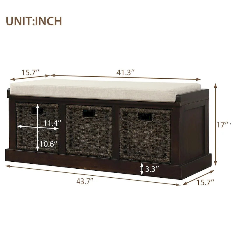 Panca da ingresso con 3 cestini in rattan rimovibili