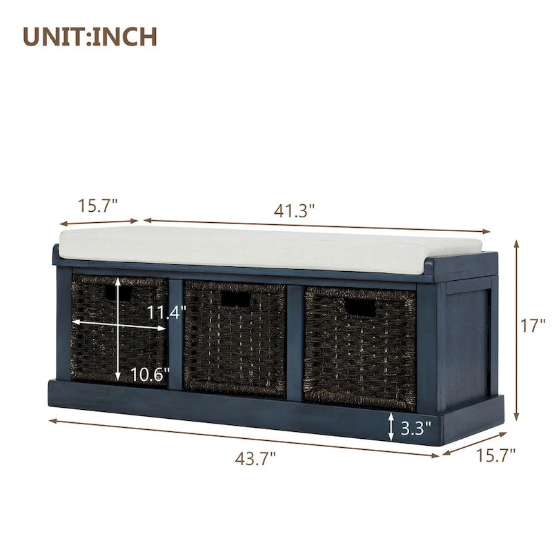 Panca da ingresso con 3 cestini in rattan rimovibili