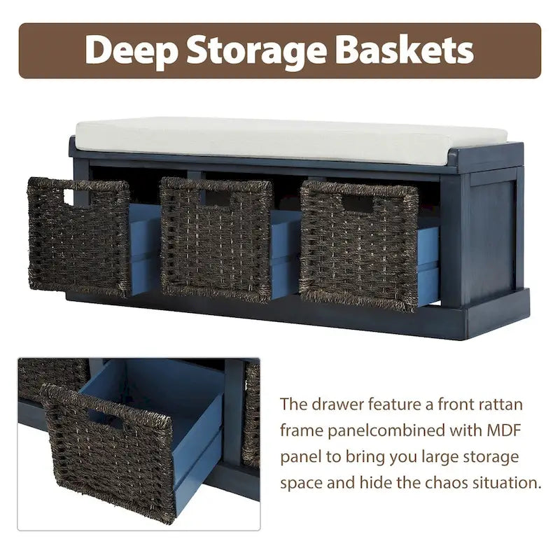 Panca da ingresso con 3 cestini in rattan rimovibili