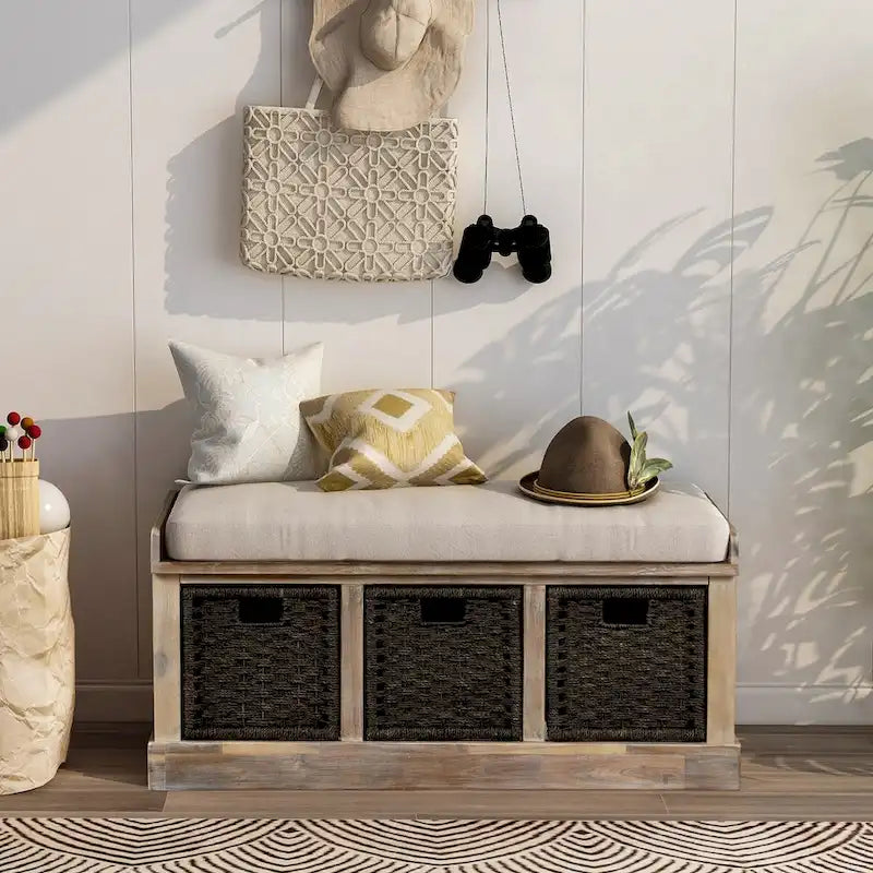 Panca da ingresso con 3 cestini in rattan rimovibili