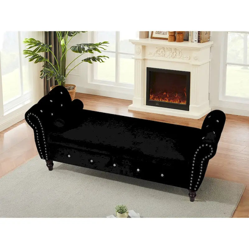 Banco otomano de almacenamiento multifuncional de 63.38" con hebilla de cristal y patas de madera maciza