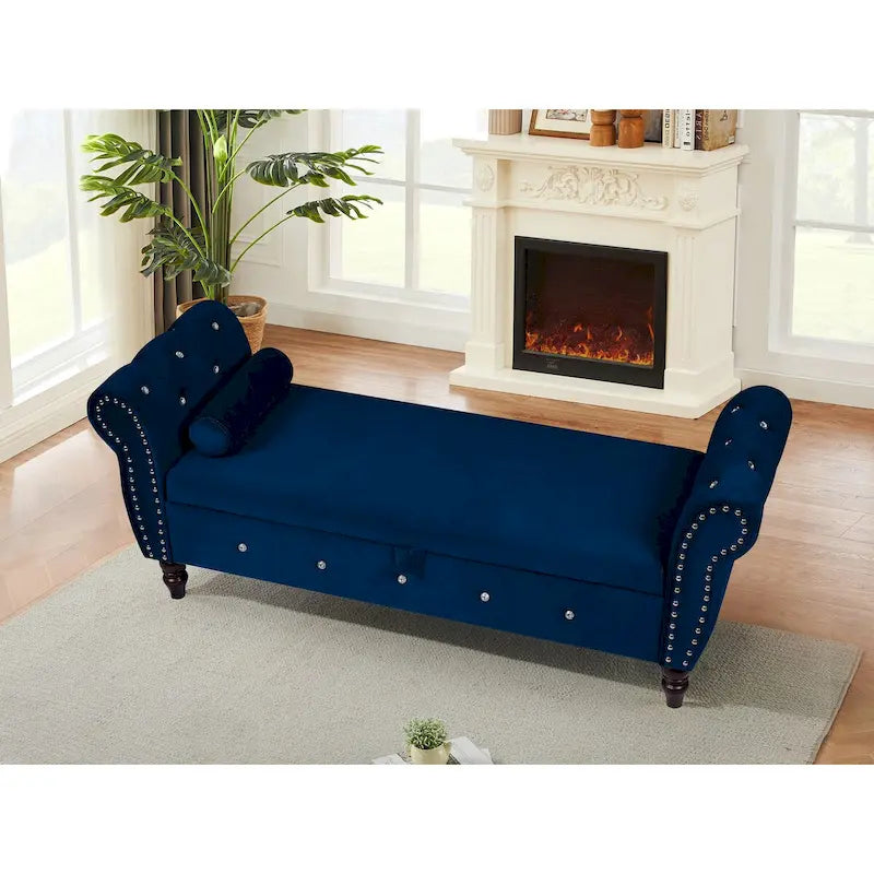 Banco otomano de almacenamiento multifuncional de 63.38" con hebilla de cristal y patas de madera maciza