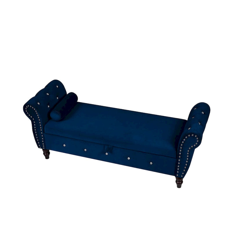 Banc pouf de rangement multifonction de 63.38" avec bouton en cristal et pieds en bois massif