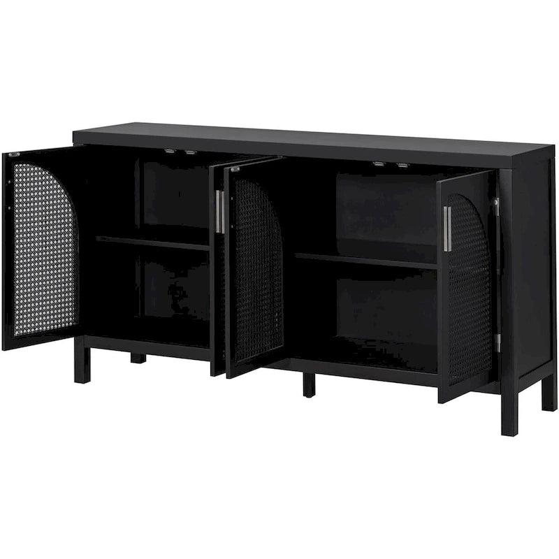 4-Door Sideboard with Rattan Panels and Metal Handles