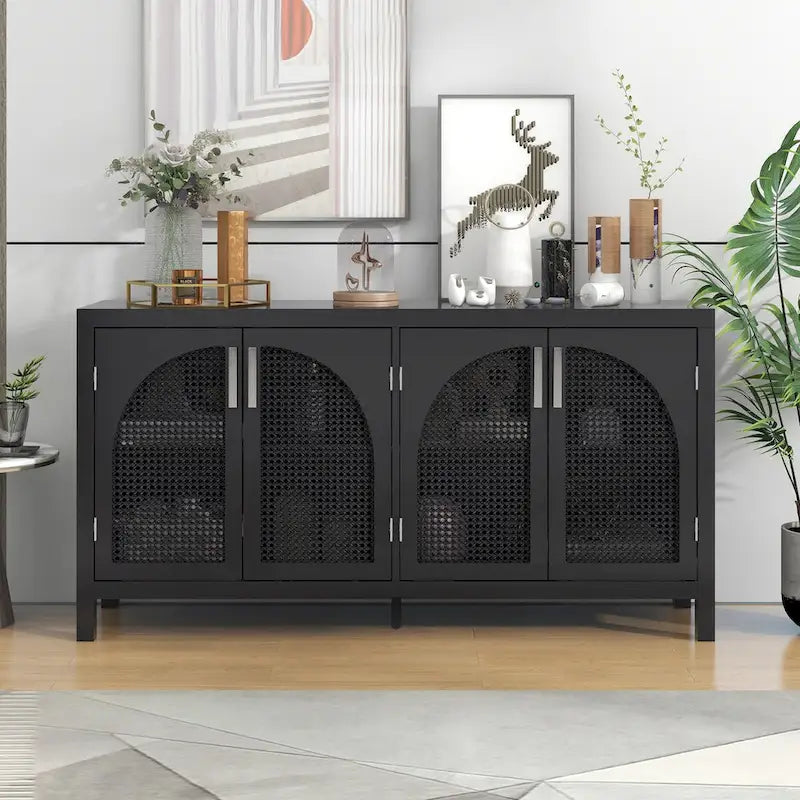 4-Door Sideboard with Rattan Panels and Metal Handles