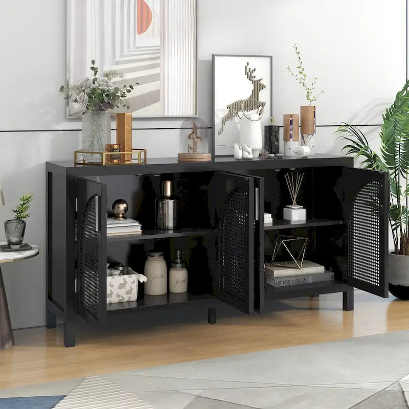 4-Door Sideboard with Rattan Panels and Metal Handles