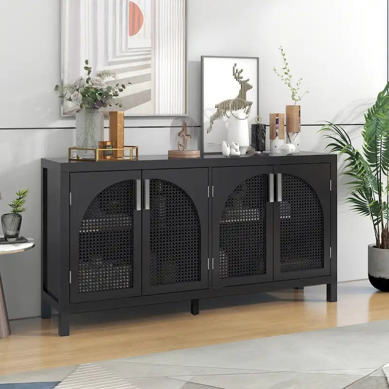 4-Door Sideboard with Rattan Panels and Metal Handles