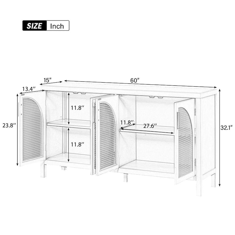 4-Door Sideboard with Rattan Panels and Metal Handles
