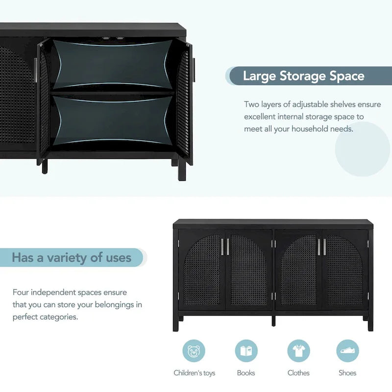 4-Door Sideboard with Rattan Panels and Metal Handles