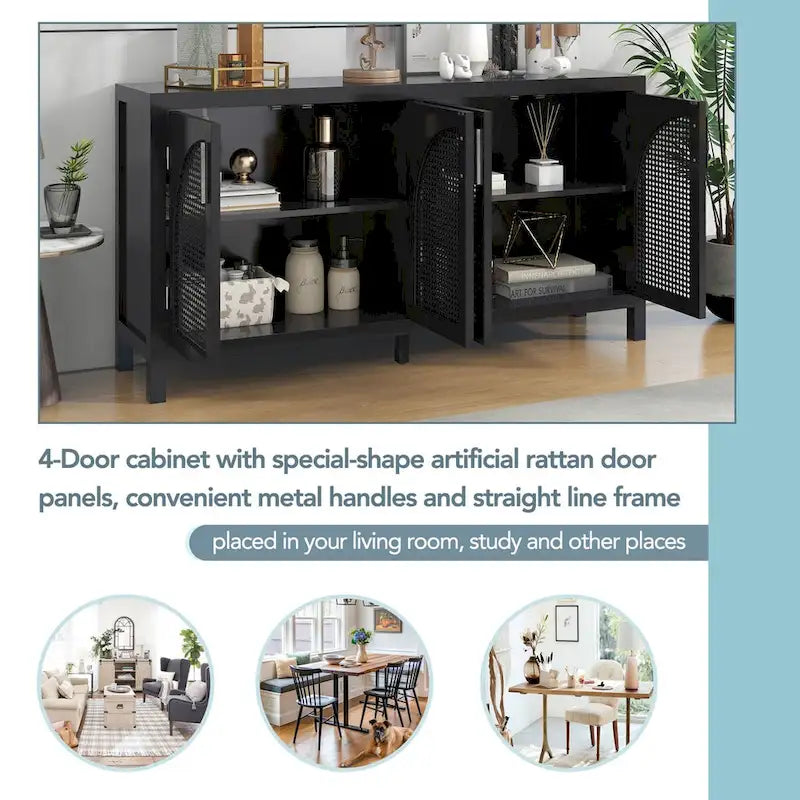 4-Door Sideboard with Rattan Panels and Metal Handles