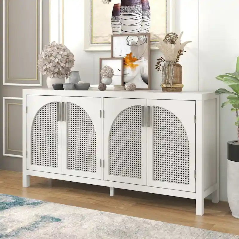 4-Door Sideboard with Rattan Panels and Metal Handles