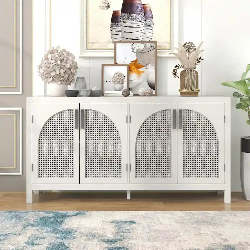 4-Door Sideboard with Rattan Panels and Metal Handles