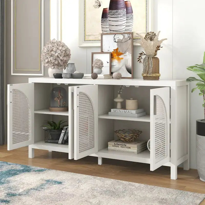 4-Door Sideboard with Rattan Panels and Metal Handles