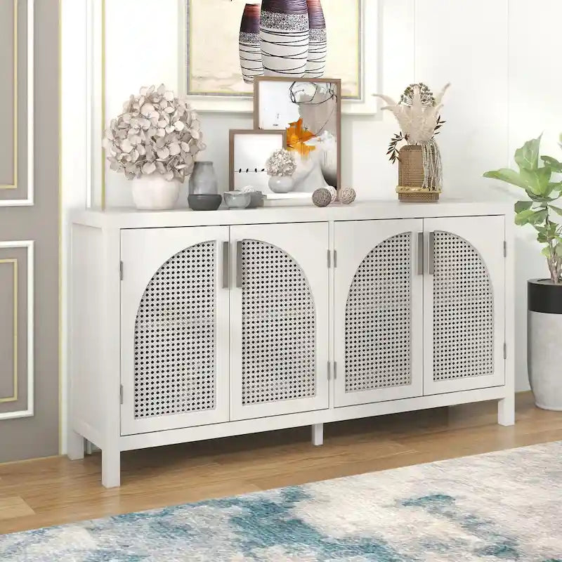 4-Door Sideboard with Rattan Panels and Metal Handles
