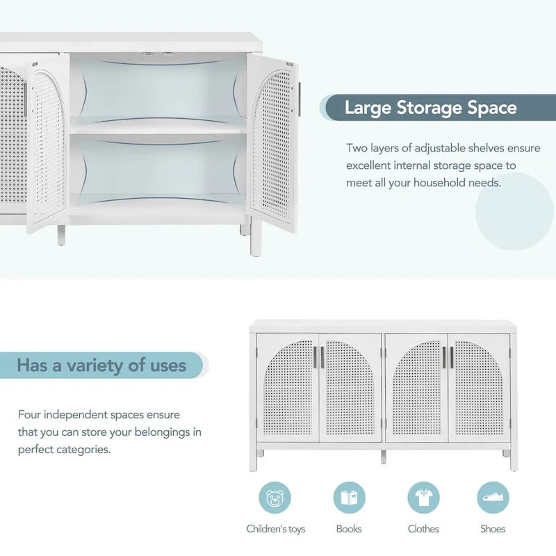 4-Door Sideboard with Rattan Panels and Metal Handles