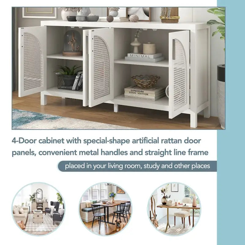 4-Door Sideboard with Rattan Panels and Metal Handles