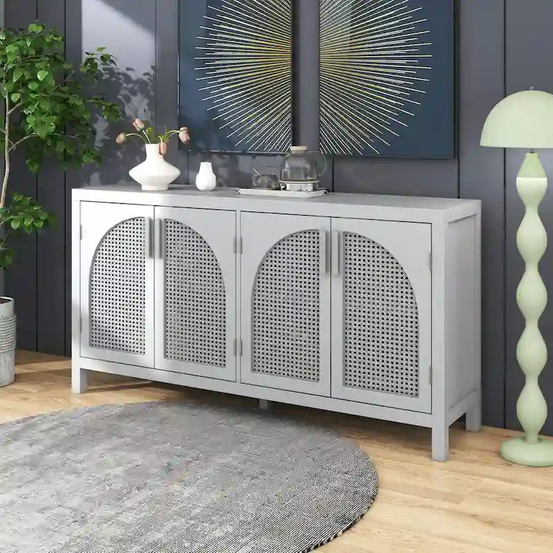 4-Door Sideboard with Rattan Panels and Metal Handles