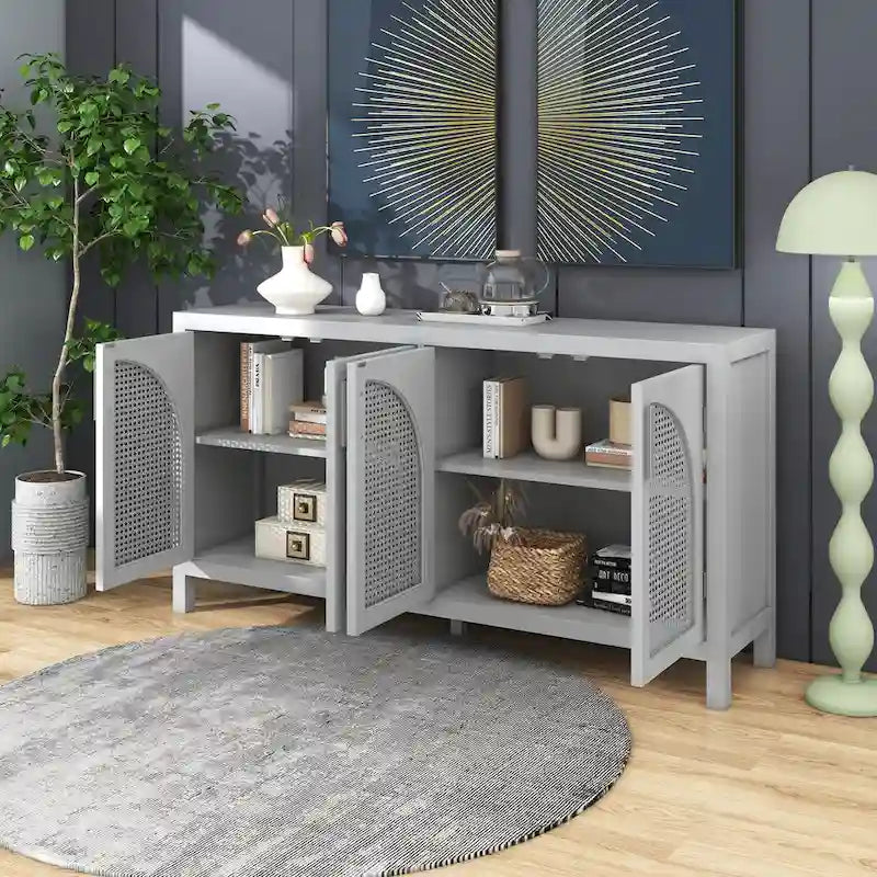 4-Door Sideboard with Rattan Panels and Metal Handles