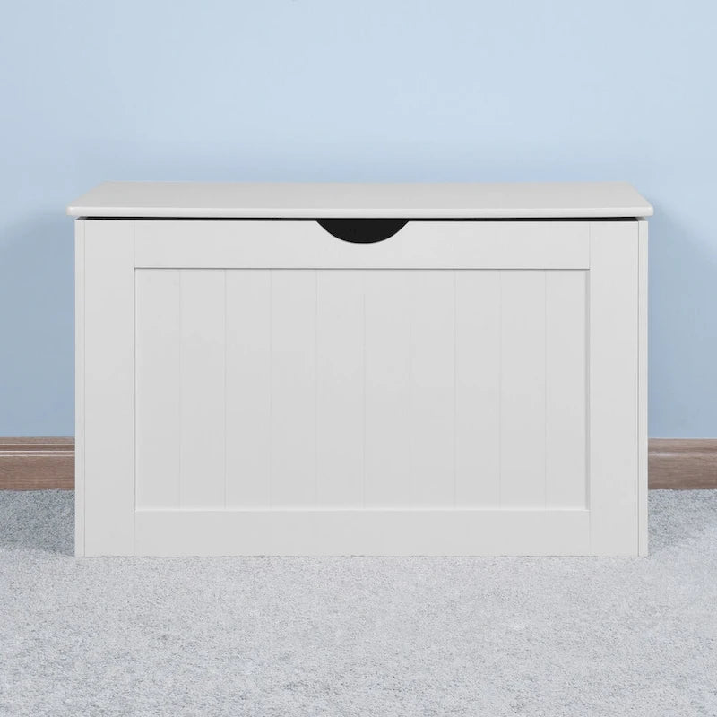 Banco blanco con tapa elevable y almacenamiento, con bisagras de seguridad, ideal para la sala de estar