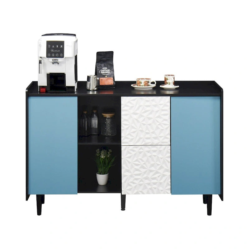 Sideboard Buffet Cabinet with Blue Doors, 2 Drawers and 2 Open Storage Compartments