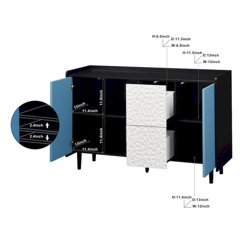 Sideboard Buffet Cabinet with Blue Doors, 2 Drawers and 2 Open Storage Compartments