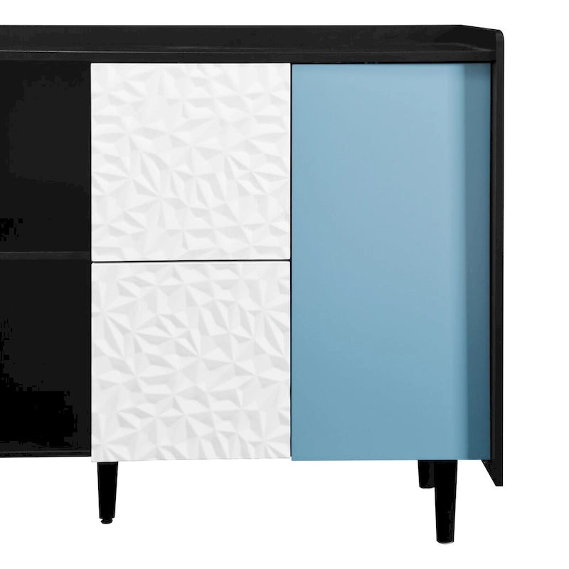 Sideboard Buffet Cabinet with Blue Doors, 2 Drawers and 2 Open Storage Compartments