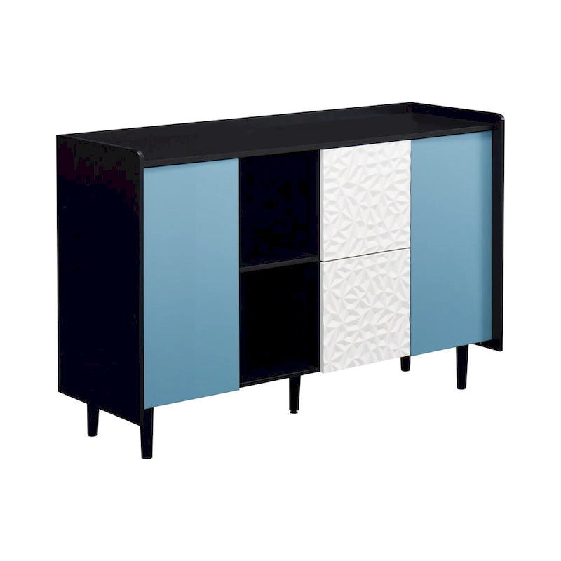 Sideboard Buffet Cabinet with Blue Doors, 2 Drawers and 2 Open Storage Compartments