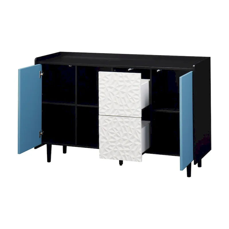 Sideboard Buffet Cabinet with Blue Doors, 2 Drawers and 2 Open Storage Compartments