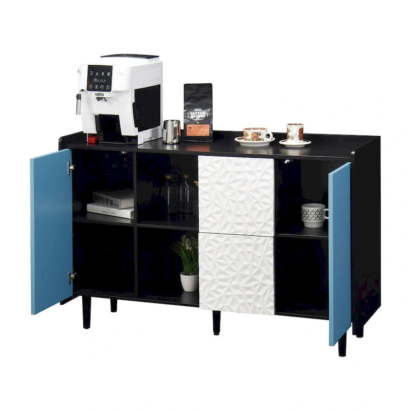 Sideboard Buffet Cabinet with Blue Doors, 2 Drawers and 2 Open Storage Compartments
