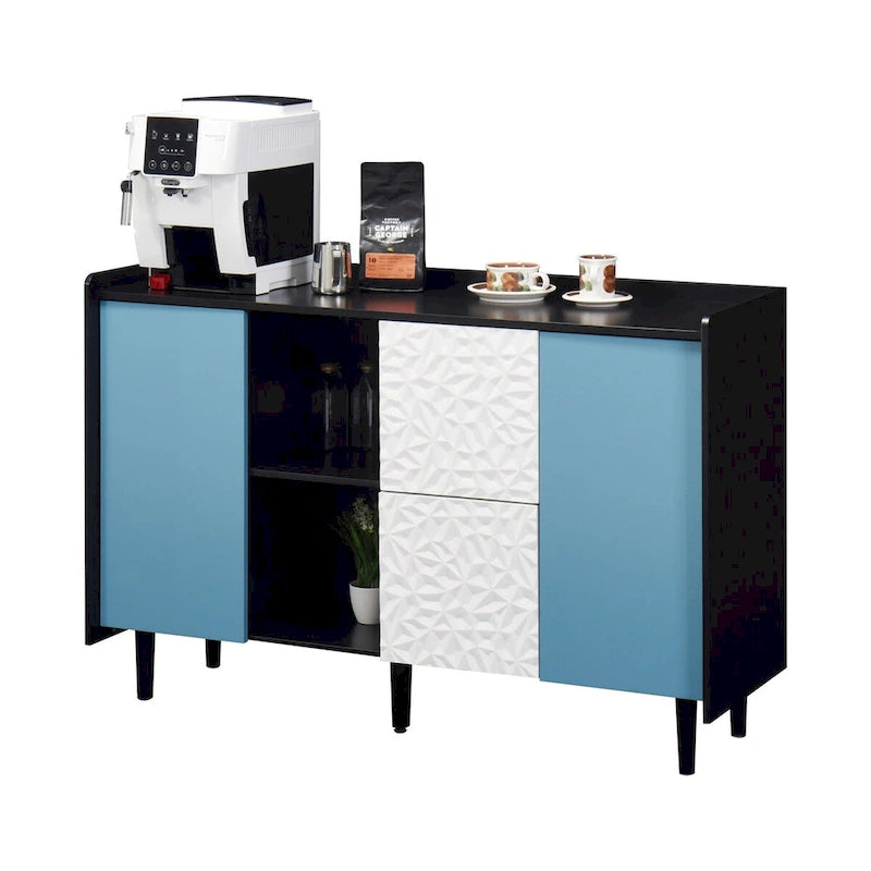 Sideboard Buffet Cabinet with Blue Doors, 2 Drawers and 2 Open Storage Compartments