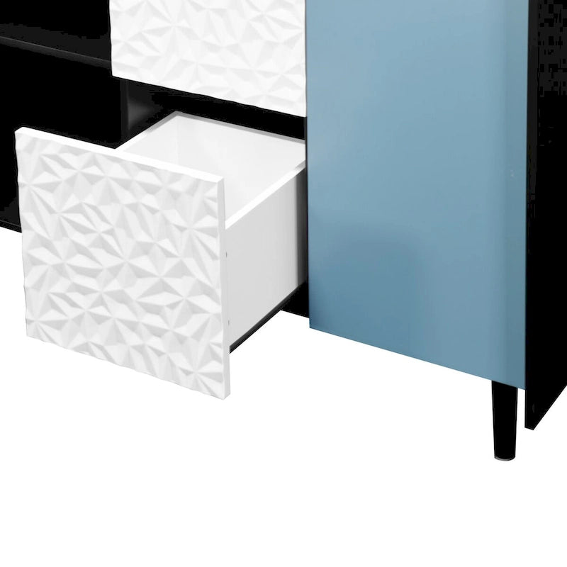 Sideboard Buffet Cabinet with Blue Doors, 2 Drawers and 2 Open Storage Compartments