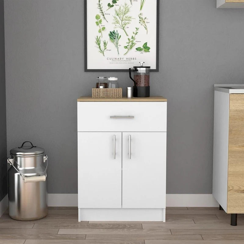 Mobile dispensa, 84 cm A, un cassetto, due ripiani interni, due ante – Bianco/Rovere chiaro