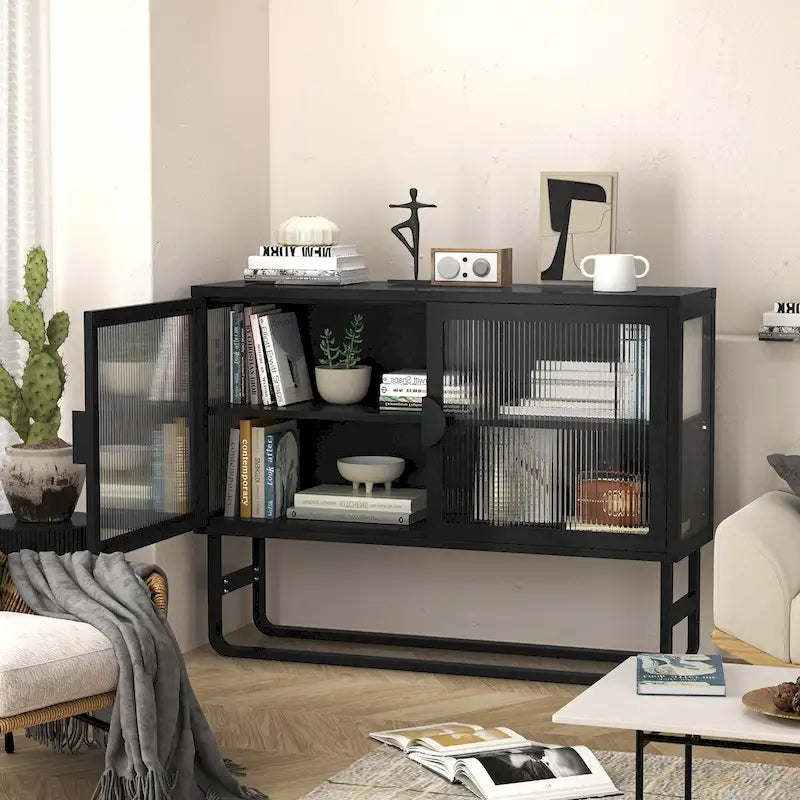 Armario de vidrio con dos puertas, estante ajustable y patas en forma de U