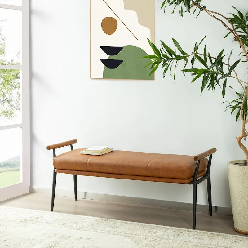 Banco tapizado moderno de 48.5W con brazos de madera y patas metálicas
