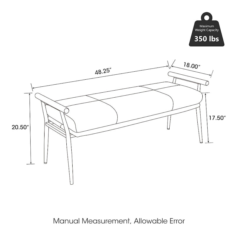Banco tapizado moderno de 48.5W con brazos de madera y patas metálicas