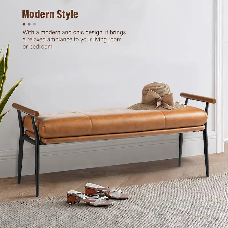 Banco tapizado moderno de 48.5W con brazos de madera y patas metálicas