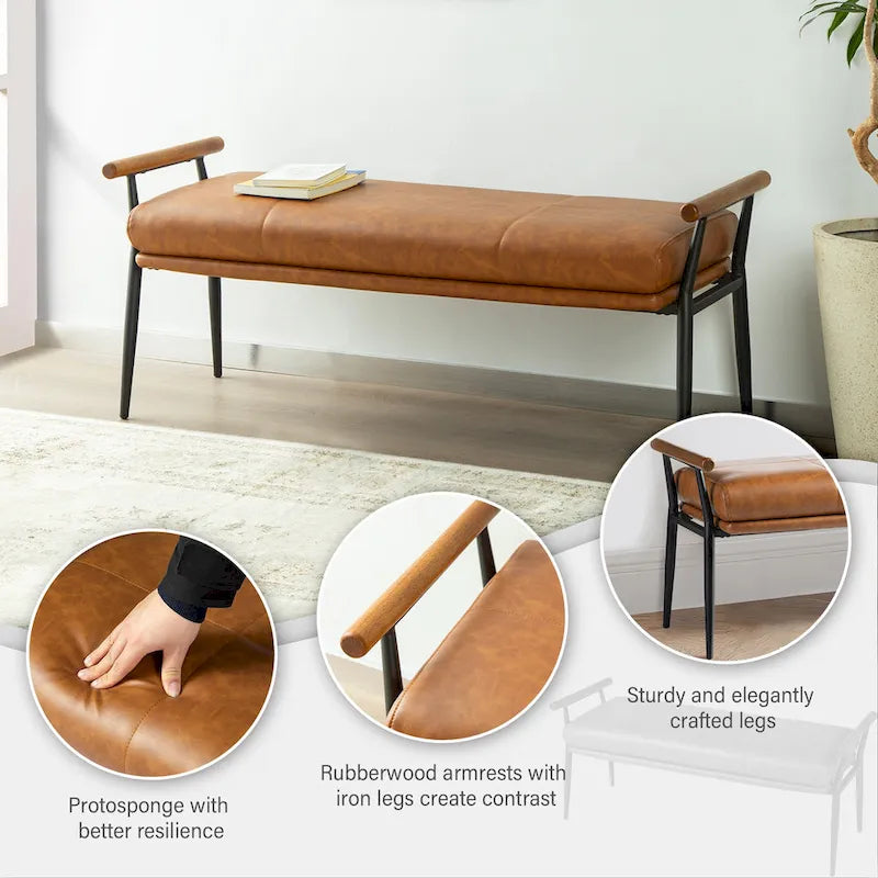 Panca moderna imbottita da 48,5" con braccioli in legno e gambe in metallo