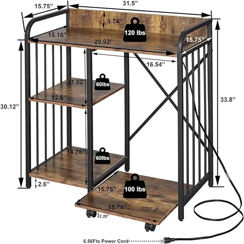 Druckerständer, 3-stufiges Büroablagefach mit Steckdose und USB-Ladeanschluss - 31 x 15.7 x 33.8 Zoll