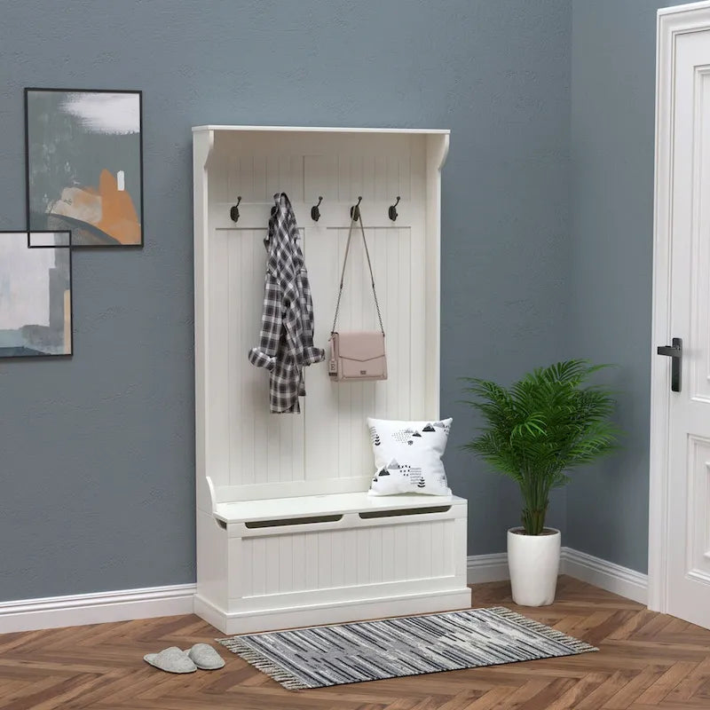 3-in-1 Entryway Hall Tree with Storage Bench, Coat Rack with Four Hooks and Shoe Storage