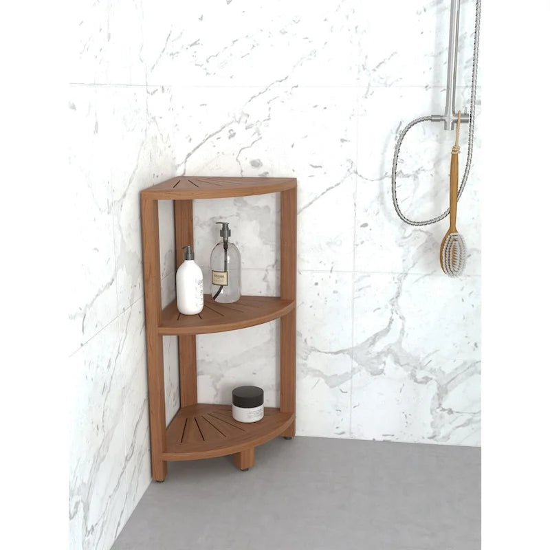 Mensola angolare da bagno a 3 ripiani in teak, piccola