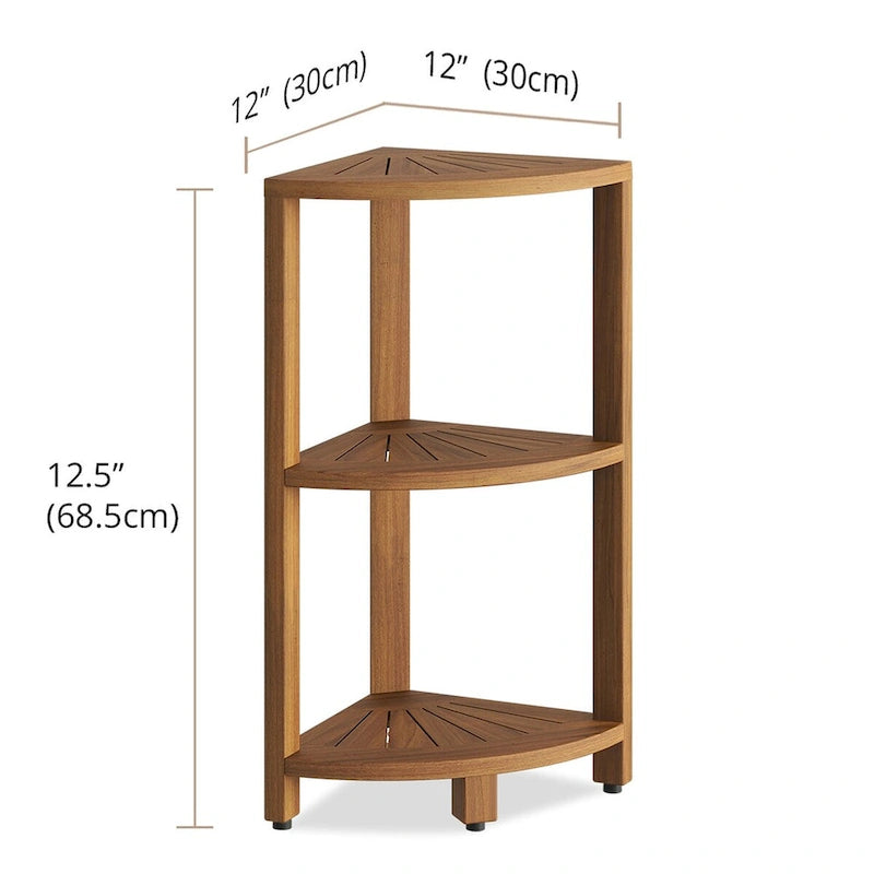 Mensola angolare da bagno a 3 ripiani in teak, piccola
