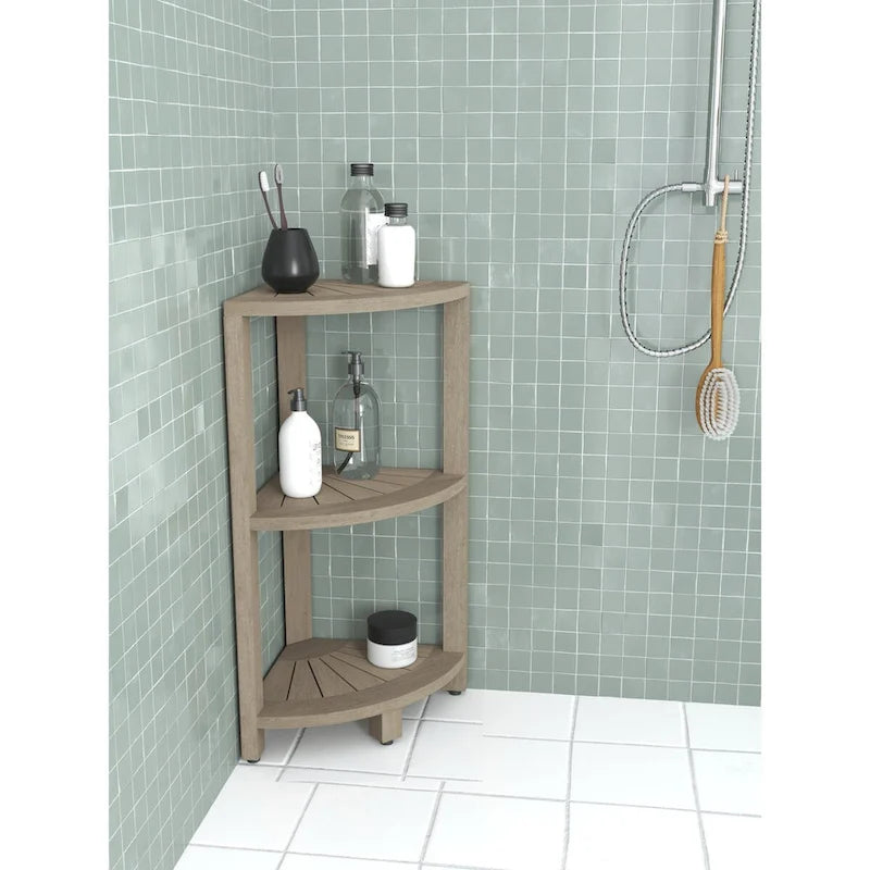 Mensola angolare da bagno a 3 ripiani in teak, piccola